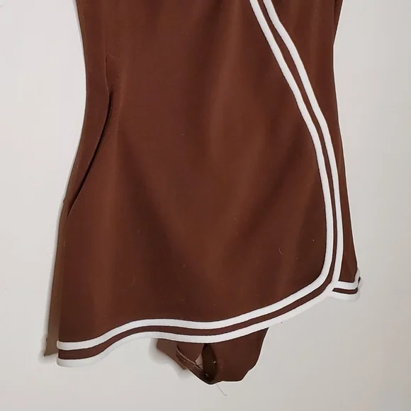 60s Sweetheart Brown Vintage One Piece Swimsuit with White Striped Lining - Picture 5 of 13